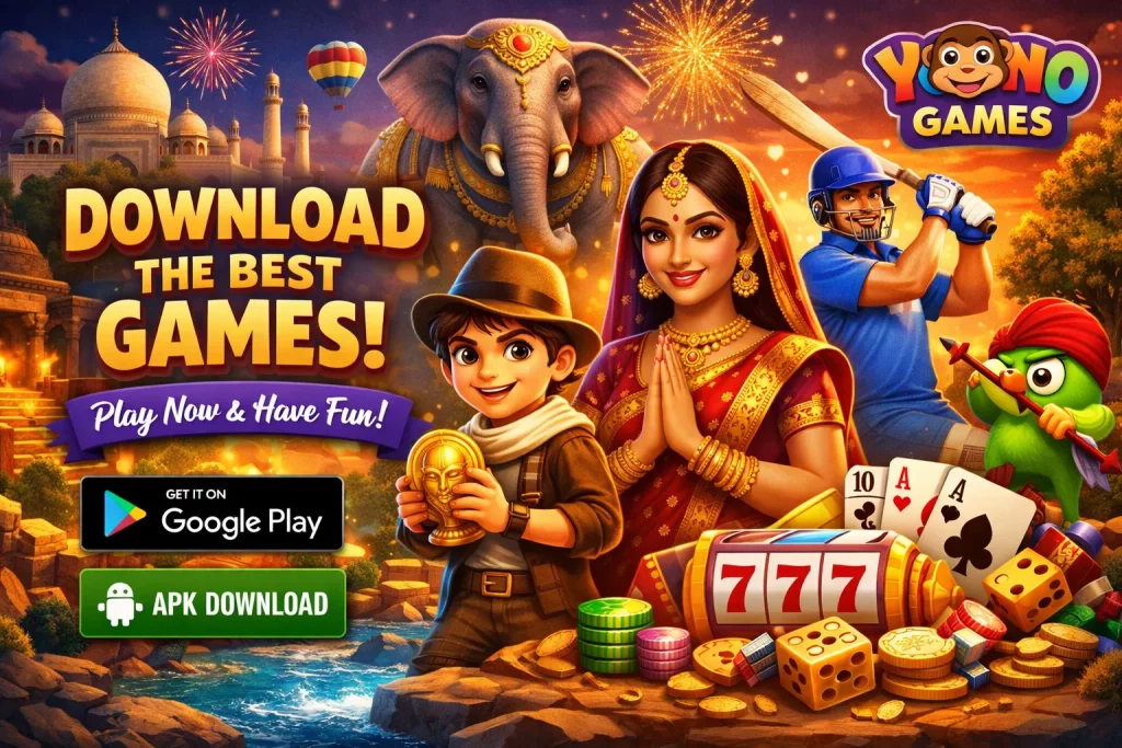 Yono Games APK download banner with Indian-themed characters, casino elements, Google Play and APK buttons, colorful festive background