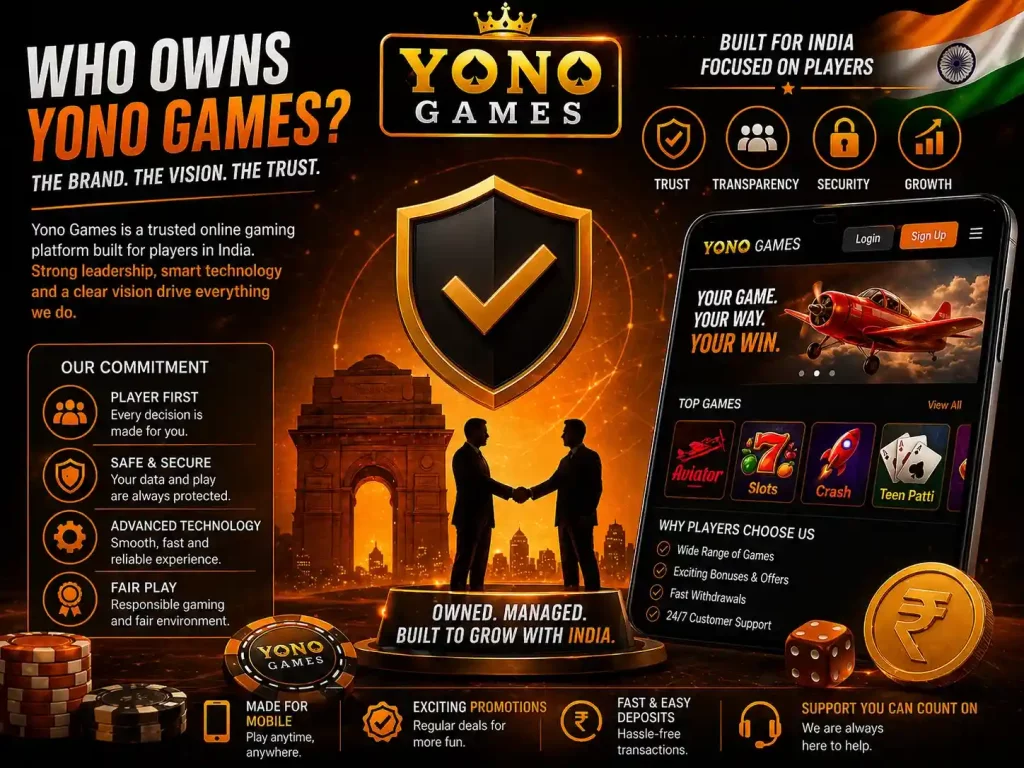 Yono Games ownership India promotional image with trust shield, mobile gaming app, business handshake, Indian flag, coins, orange black theme, and who owns Yono Games concept