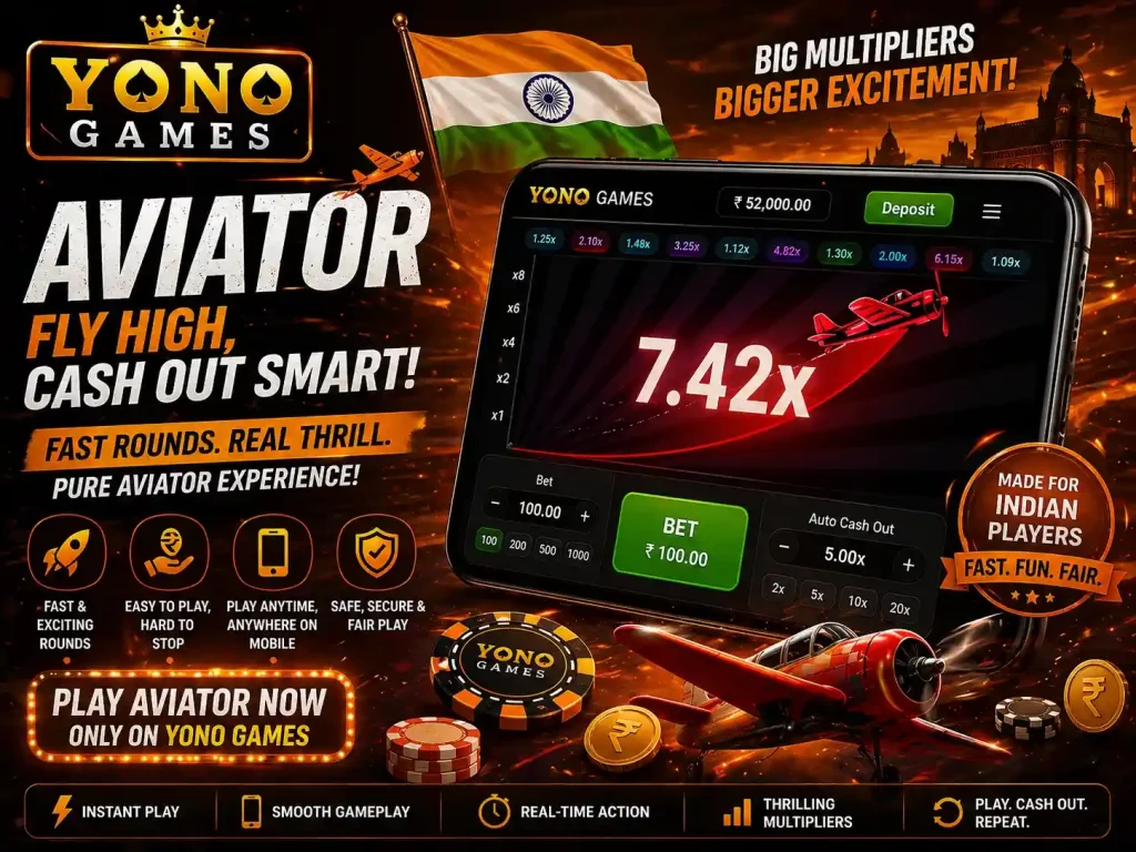 Yono Games Aviator India promotional image with mobile multiplier game screen, red airplane, Indian flag, coins, chips, orange black theme, and fast online gameplay design