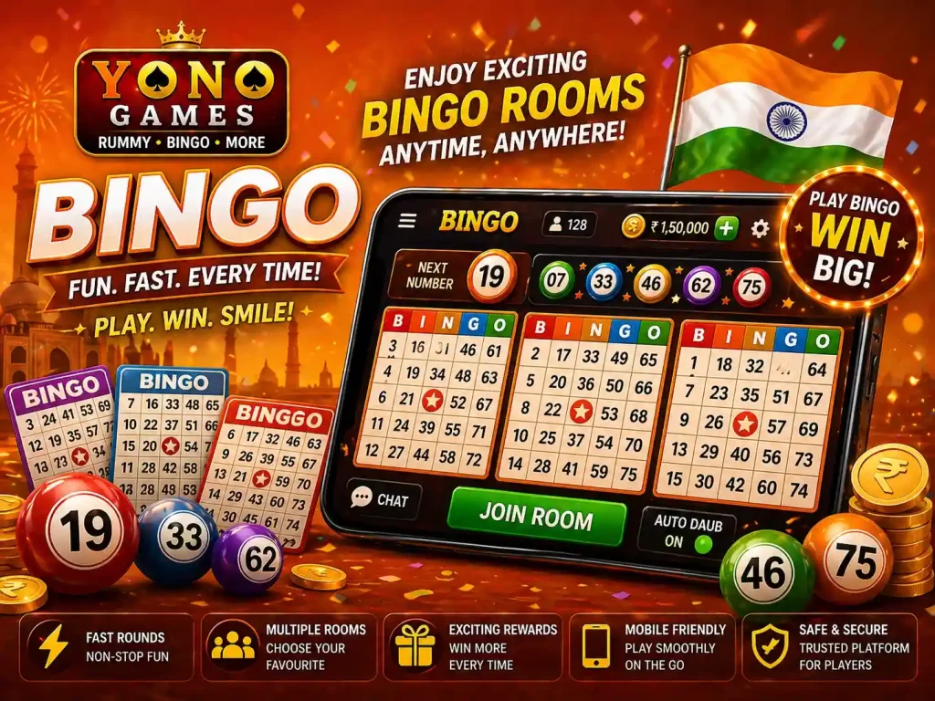 Yono Games Bingo India promotional image with mobile bingo room, bingo cards, colorful balls, coins, Indian flag, orange festive theme, and fast online bingo gameplay
