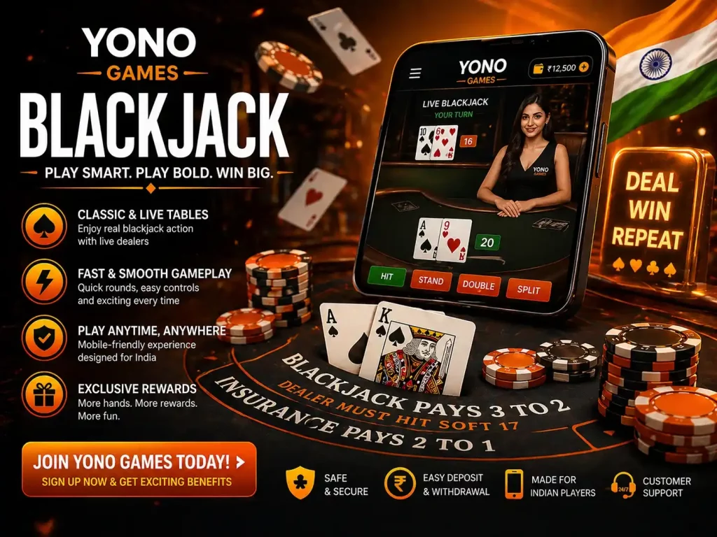 Yono Games Blackjack India banner with blackjack table, mobile blackjack screen, cards, chips, coins and orange premium gaming theme.
