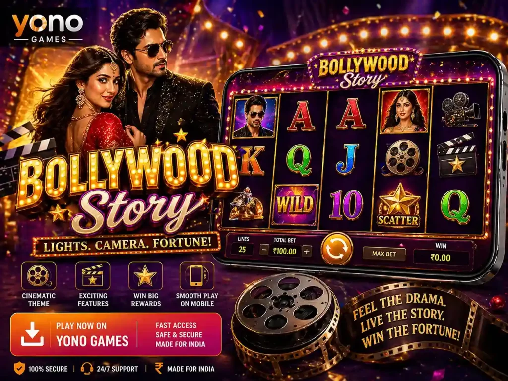 Bollywood Story slot game artwork with cinematic Indian theme, featuring glamorous actors, film reels, bright lights, and mobile slot interface on Yono Games platform
