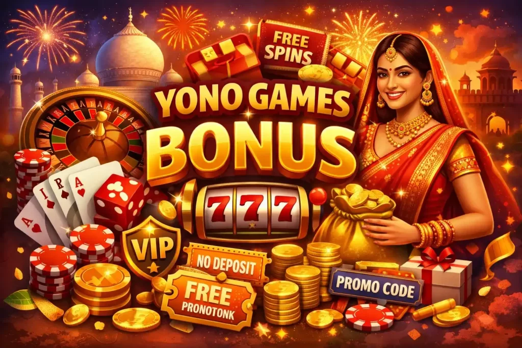 Yono Games bonus illustration featuring casino rewards, coins, roulette wheel, cards, gift boxes, VIP symbols, and festive India-inspired background in a bright golden style.