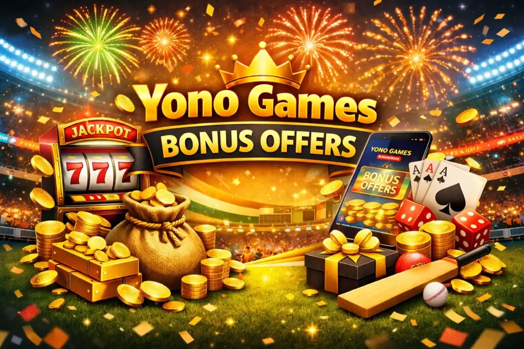 Yono Games Bonus Offers India promotional image with gold coins, jackpot machine, smartphone reward screen, playing cards, dice, cricket elements, and festive stadium background in 4:3 format