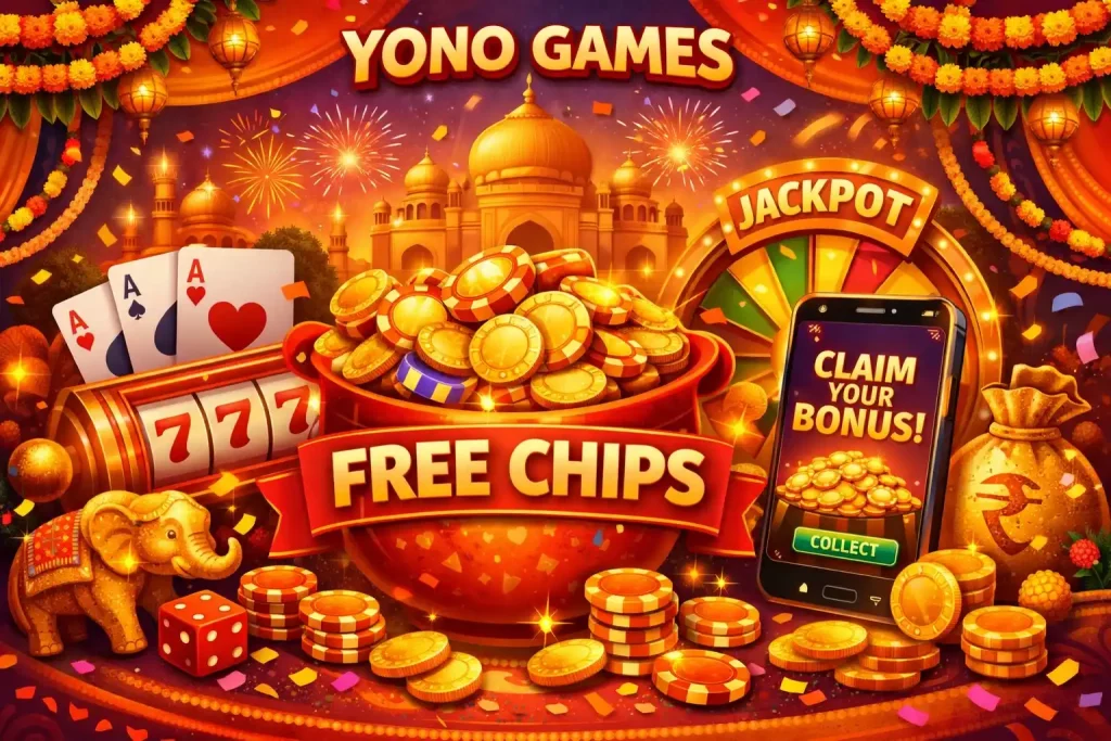 Yono Games free chips illustration with gold chips, coins, jackpot wheel, cards, mobile reward screen, festive casino elements, and vibrant India-inspired background.