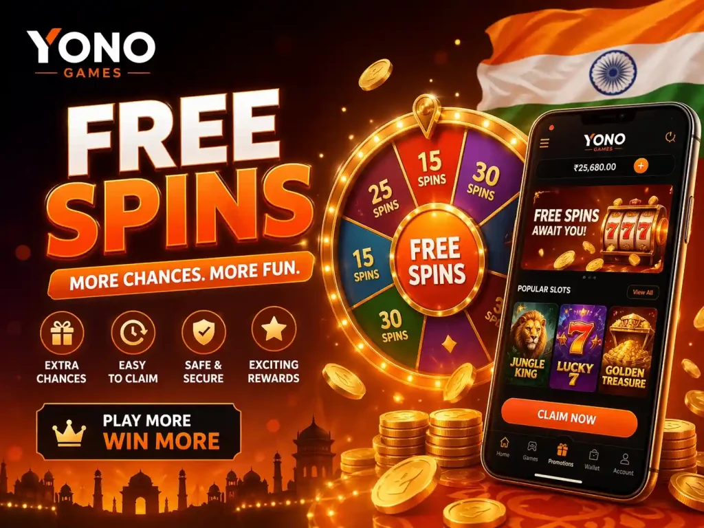 Yono Games Free Spins India illustration with free spin wheel, mobile gaming app, coins, reward icons, secure elements and bonus features on a 4:3 banner background
