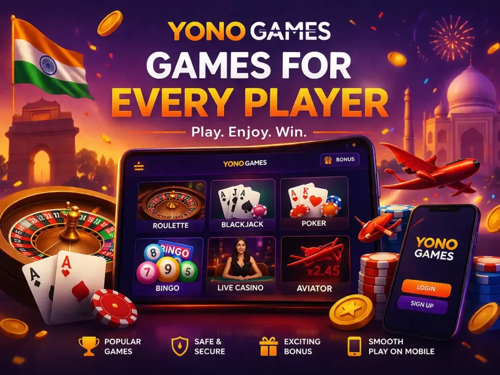 Yono Games illustration featuring multiple online game categories, roulette wheel, cards, bingo balls, live casino screen, aviator theme, coins, and a vibrant India-inspired background.
