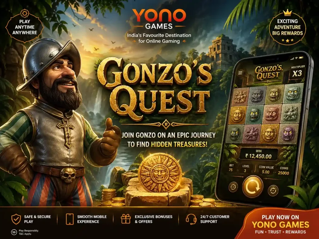 Gonzo’s Quest Yono Games banner featuring jungle temple adventure, explorer character, treasure coins, mobile slot screen, golden ruins, and vibrant action-packed gaming theme.