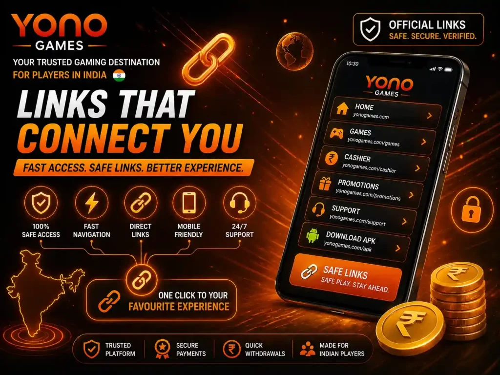 Yono Games links banner featuring secure navigation icons, mobile menu screen, glowing chain links, rupee coins, India map, and fast orange-themed trusted access design.