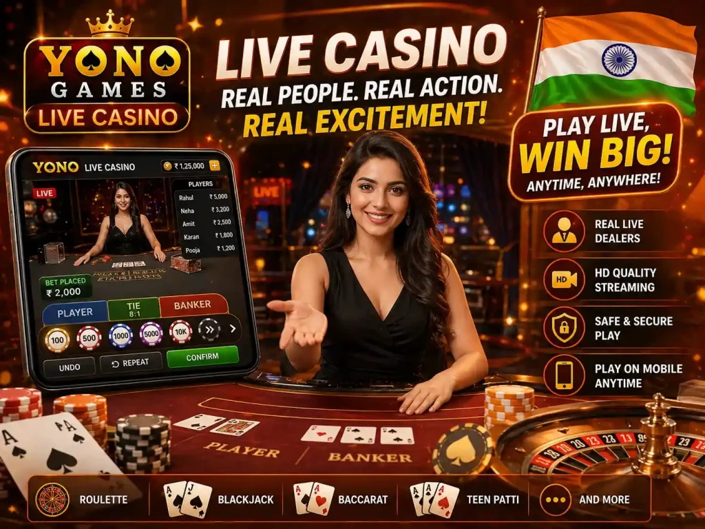 Yono Games Live Casino India promotional image with live dealer table, smartphone casino app, roulette wheel, cards, chips, Indian flag, orange luxury theme, and real-time casino gameplay