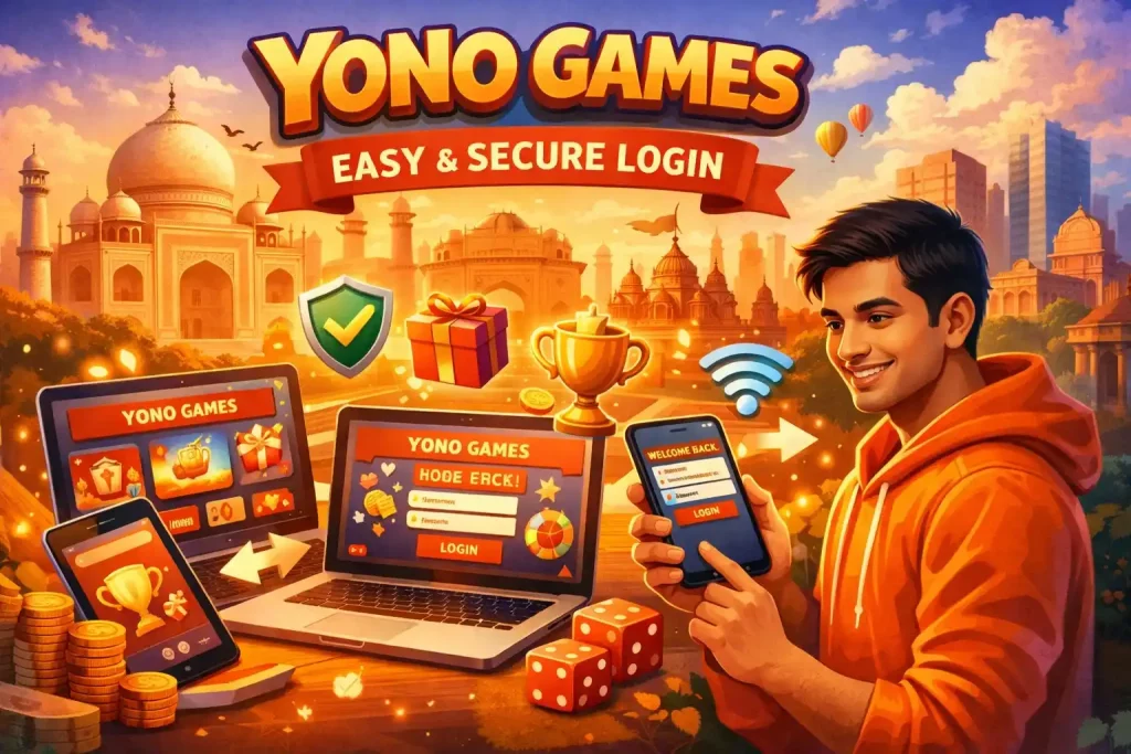 Alt: Yono Games login illustration showing a mobile-first gaming setup with smartphone and laptop screens, secure access icons, reward symbols, and warm India-inspired background elements.