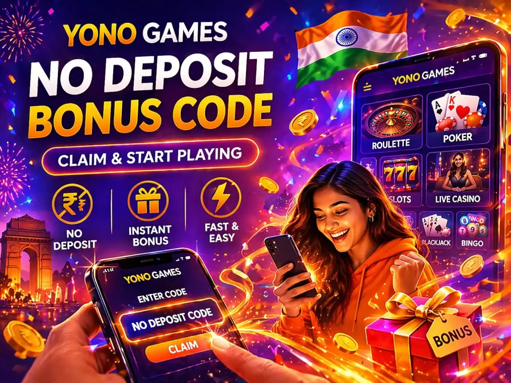 Yono Games no deposit bonus code illustration with gift box, coins, casino icons, mobile reward screen, festive India-inspired background, and bright gold orange promotional style.