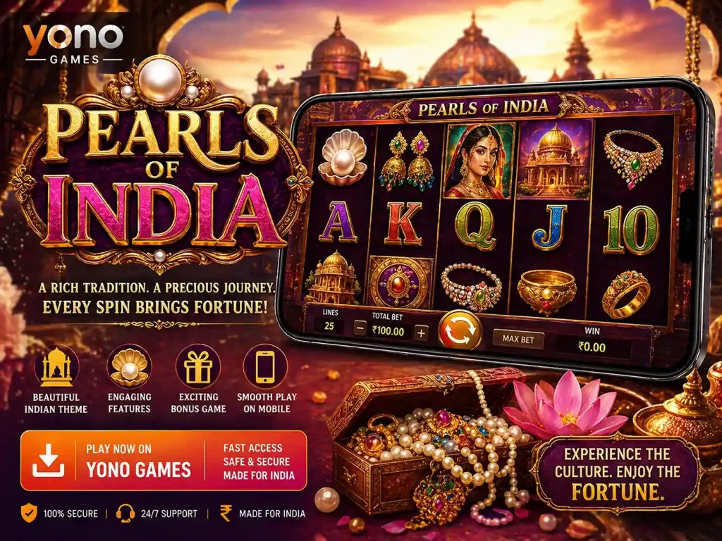 Pearls of India slot game artwork with Indian cultural theme, featuring golden jewelry, glowing pearls, traditional ornaments, and mobile slot interface on Yono Games platform
