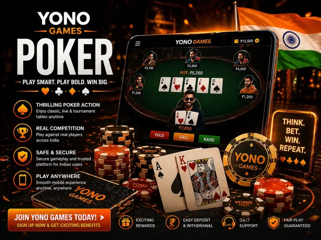 Yono Games Poker India banner with mobile poker table, playing cards, poker chips, live players, coins and orange premium gaming theme.