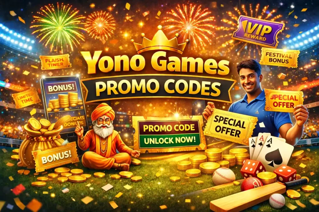 Yono Games Promo Codes India promotional image with gold coins, bonus tickets, smartphone reward screen, festive stadium background, gaming symbols, and special offer elements in 4:3 format