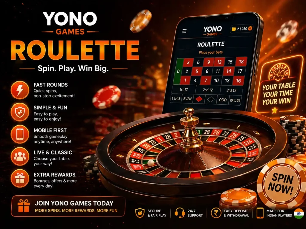 Yono Games Roulette India banner with roulette wheel, mobile roulette screen, casino chips, spinning ball, coins and orange premium gaming theme.
