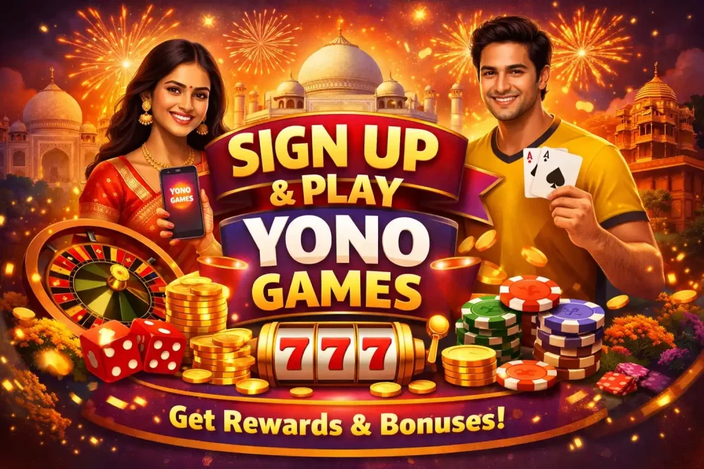 Yono Games sign up illustration with mobile gaming, casino chips, roulette wheel, cards, coins, and festive India-inspired background in a bright gold and orange style.