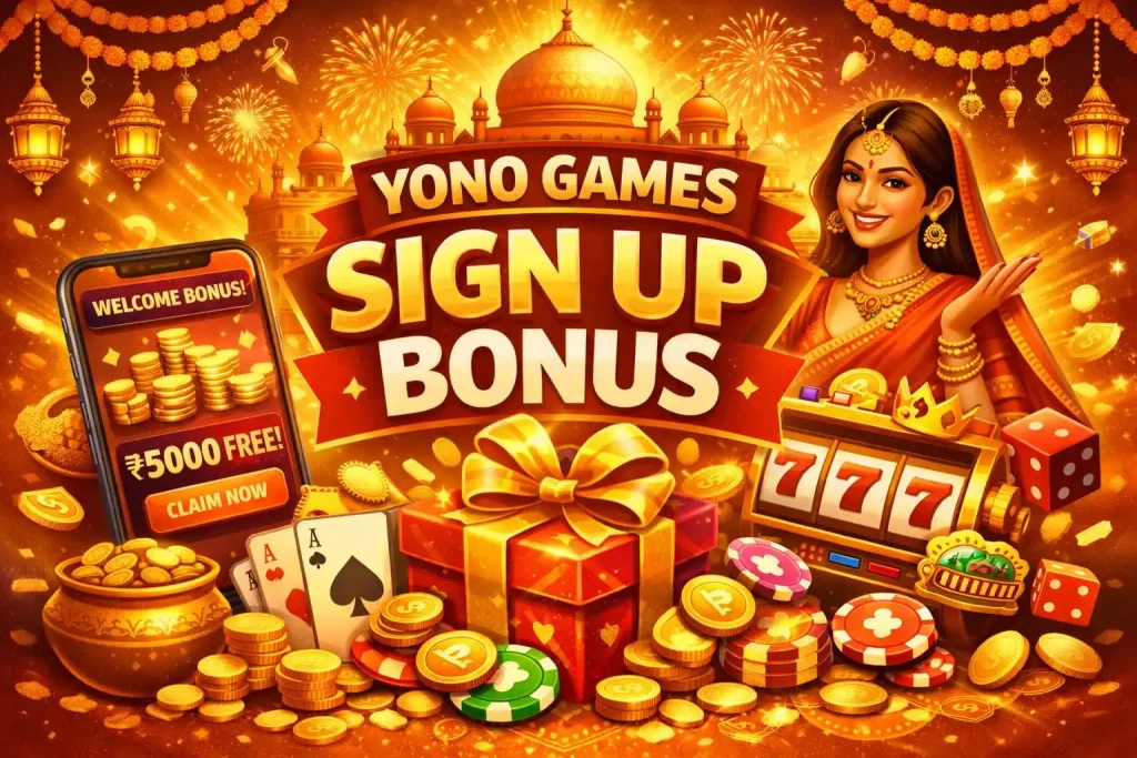 Yono Games sign up bonus illustration with welcome reward gift box, coins, cards, jackpot symbols, mobile bonus screen, and bright festive India-inspired background.