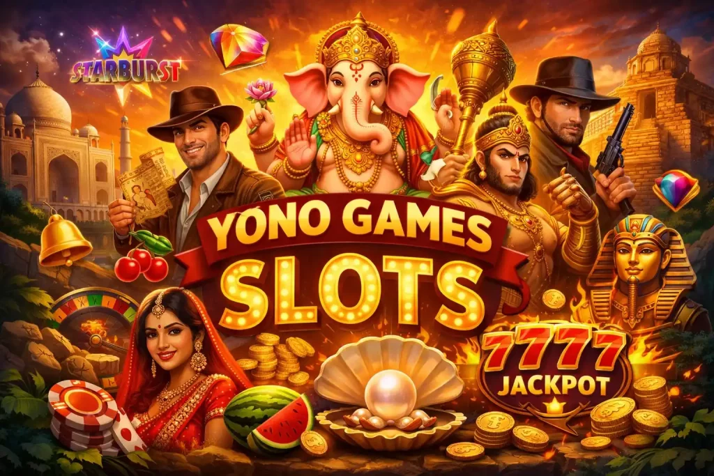 Yono Games slots illustration featuring colourful slot symbols, jackpot reels, coins, adventure and mythology themes, and a vibrant India-inspired gaming background.