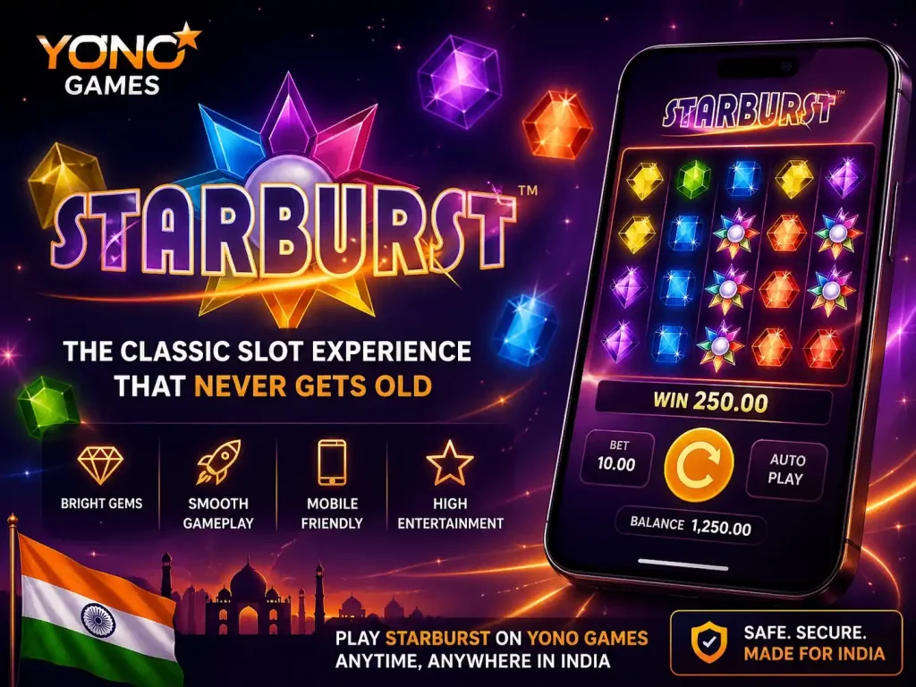 Starburst Yono Games banner featuring cosmic slot reels, glowing gems, mobile game screen, neon space background, Indian skyline, and vibrant casino-style entertainment theme.