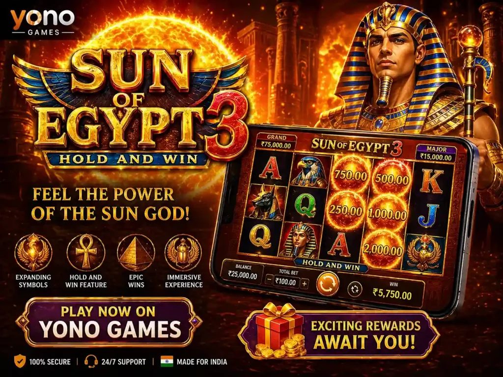 Sun of Egypt 3 slot game artwork with Egyptian theme, featuring a golden pharaoh, glowing sun symbols, ancient temples, and mobile slot interface on Yono Games platform