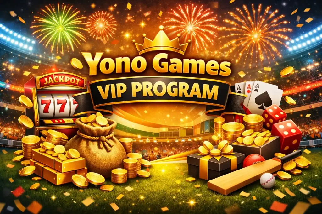 Yono Games VIP Program India promotional image featuring golden rewards, crown, coins, premium membership symbols, gaming elements, and festive stadium background in 4:3 format