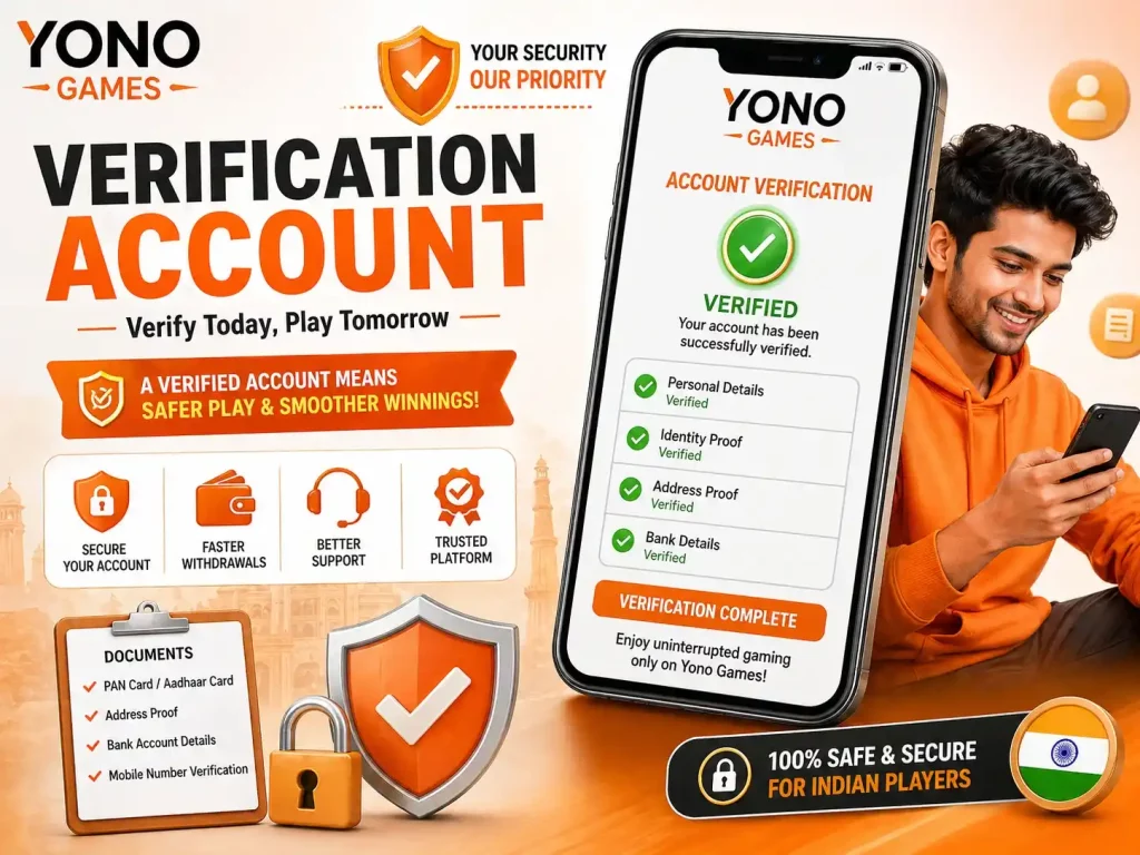 Yono Games Verification Account India promotional image with mobile verified account screen, security shield, documents checklist, secure wallet, and orange white trust theme.