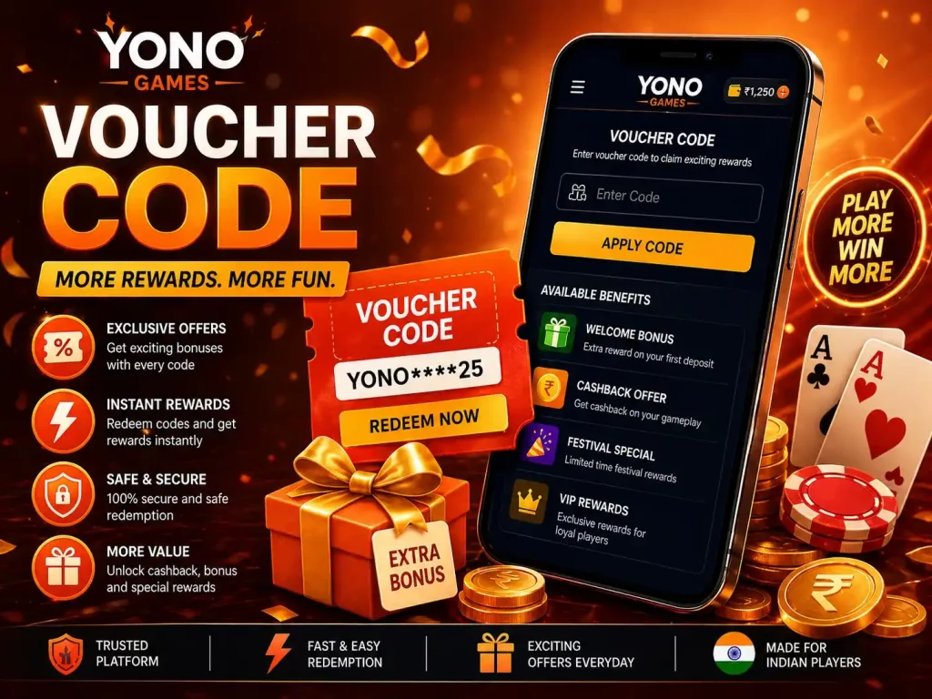 Yono Games Voucher Code India banner with mobile voucher screen, cashback rewards, gift box, coins, playing cards and orange premium theme.