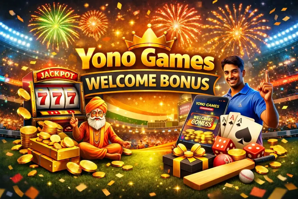 Yono Games Welcome Bonus India promotional image with gold coins, jackpot machine, smartphone reward screen, festive stadium background, gaming symbols, and premium welcome offer in 4:3 format