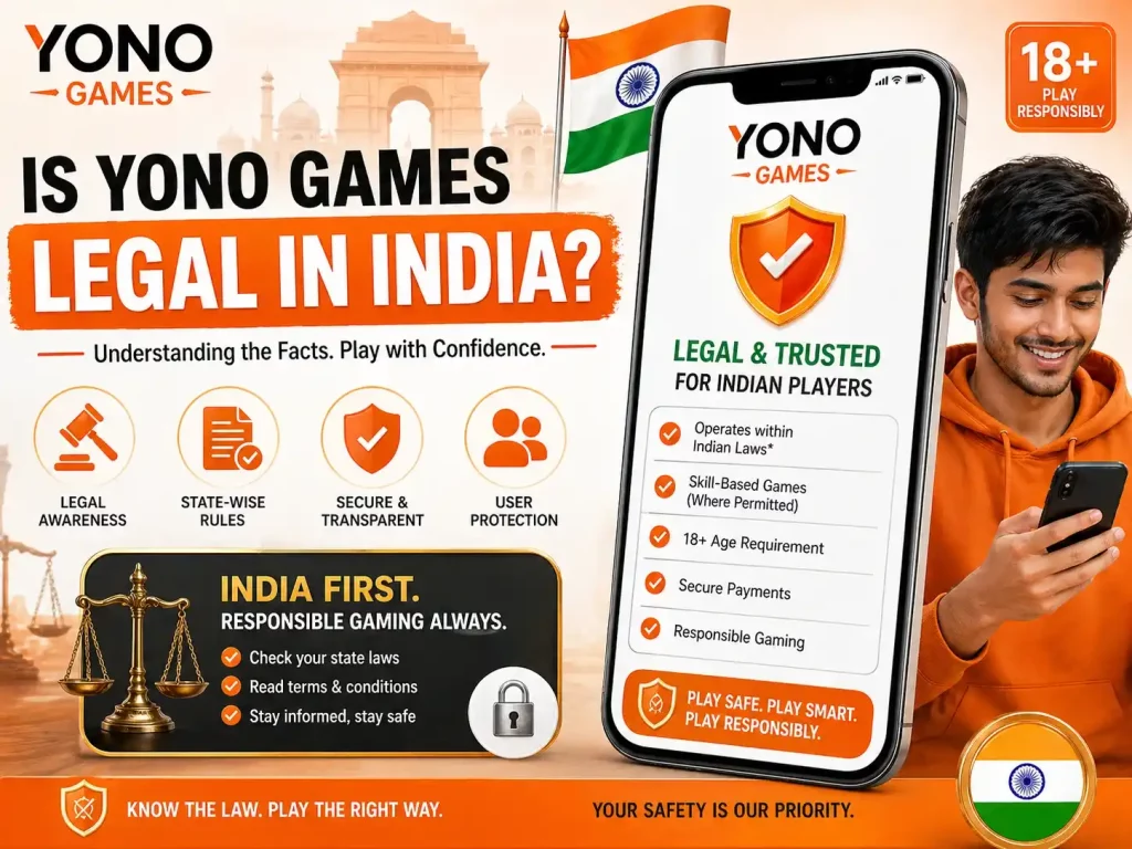 Yono Games Is Legal in India informational image with mobile screen, security shield, Indian flag, legal icons, trusted gaming theme, and orange white design.