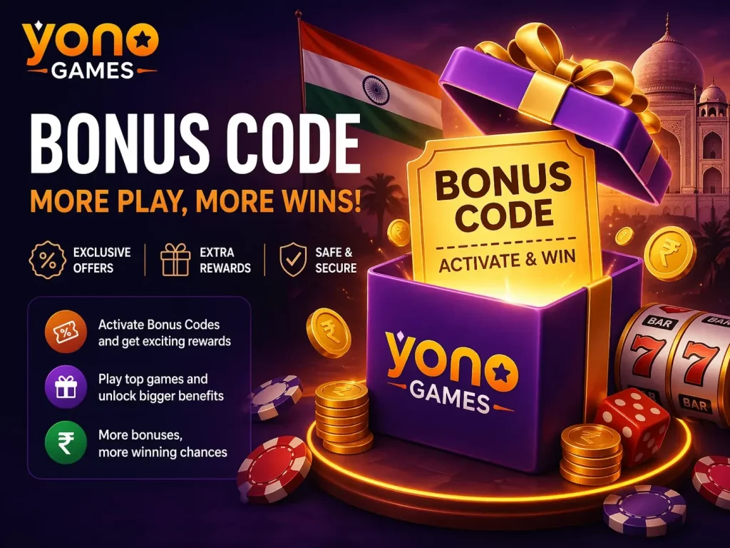 Yono Games bonus code promotion with gift box, coins, slot elements and Indian-themed background, highlighting extra rewards and winnings