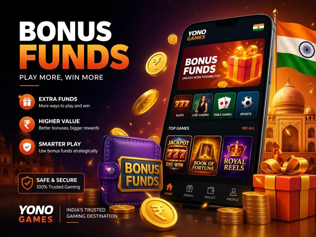 Yono Games Bonus Funds promotion showing mobile casino app, gold coins, wallet with bonus funds, and Indian-themed background highlighting extra playable balance