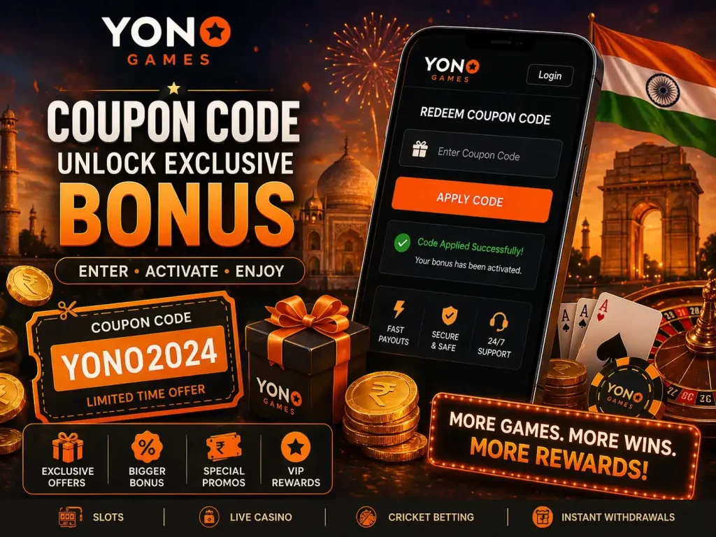 Yono Games Coupon Code banner with Indian landmarks, mobile screen showing coupon activation, gold coins, gift box, and promo code for unlocking exclusive rewards