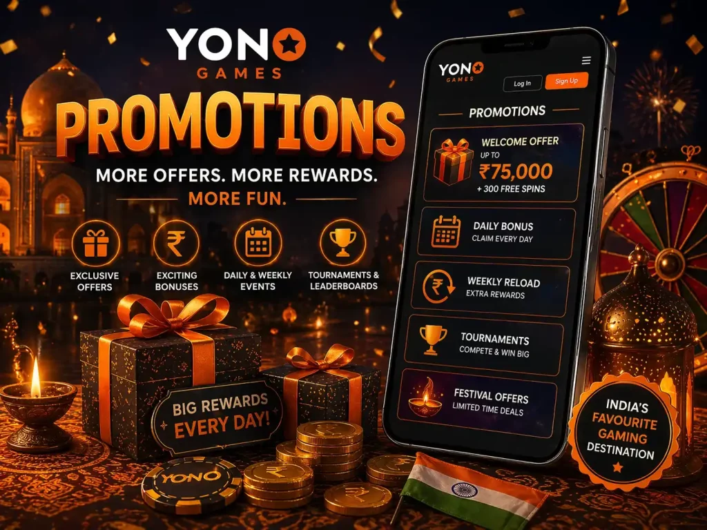 Yono Games Promotions banner featuring Indian-themed background, mobile app with promotional offers, gold coins, gift boxes, and festive elements highlighting daily, weekly, and event rewards