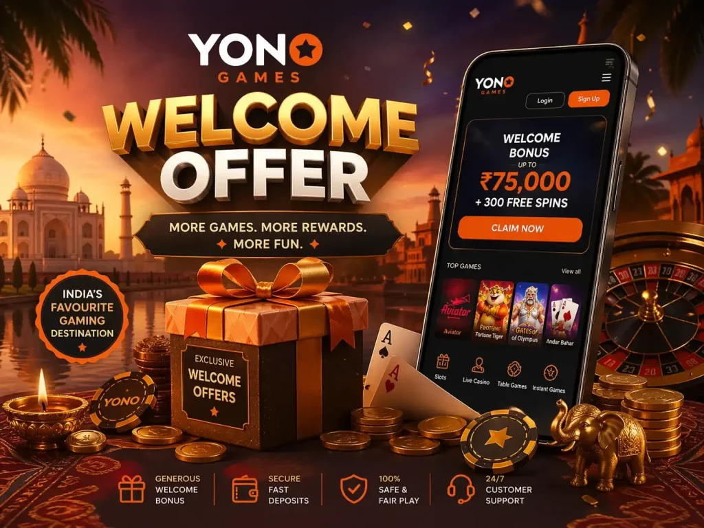 Yono Games Welcome Offer banner with golden bonus coins, mobile app screen showing sign up and login, Indian-style background with Taj Mahal, and promotional welcome rewards display