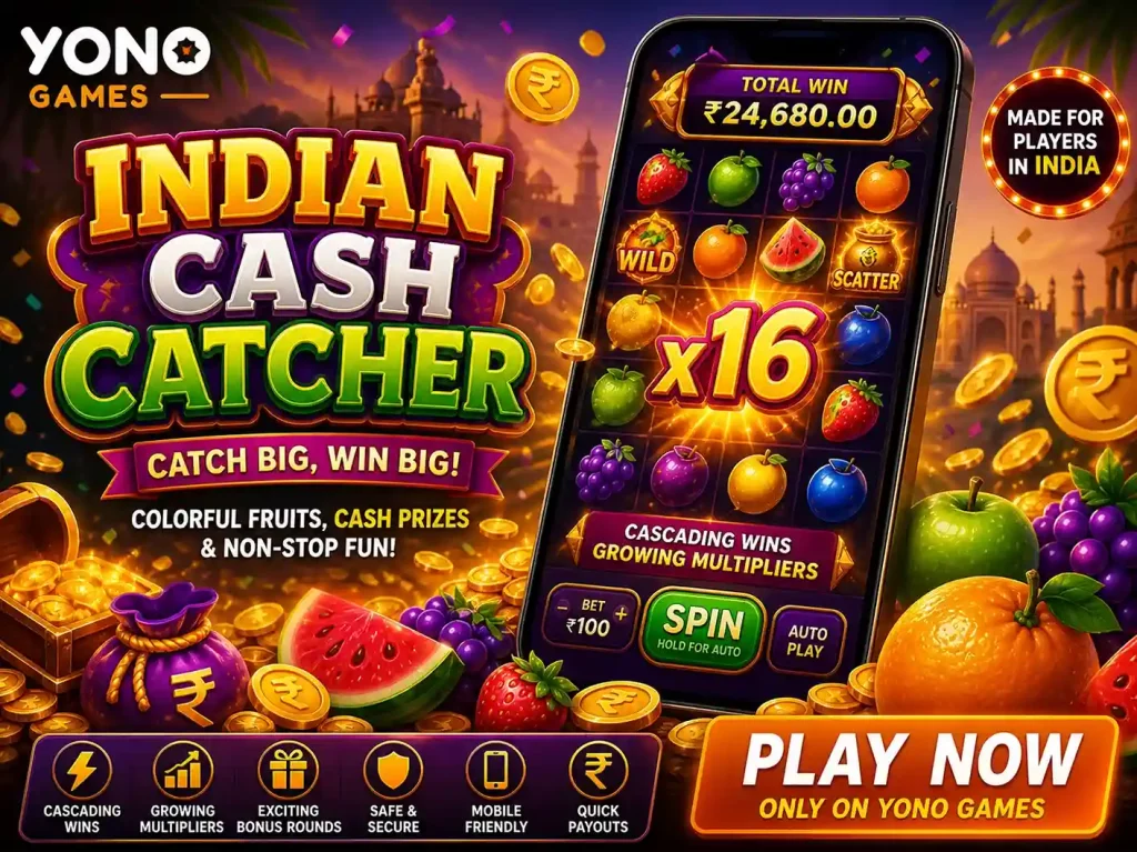 Indian Cash Catcher slot game scene on Yono Games, rich Indian theme with rupee coins, colorful fruits and cascading reels on smartphone screen, glowing multipliers and gold effects, vibrant mobile gameplay, 4:3 image