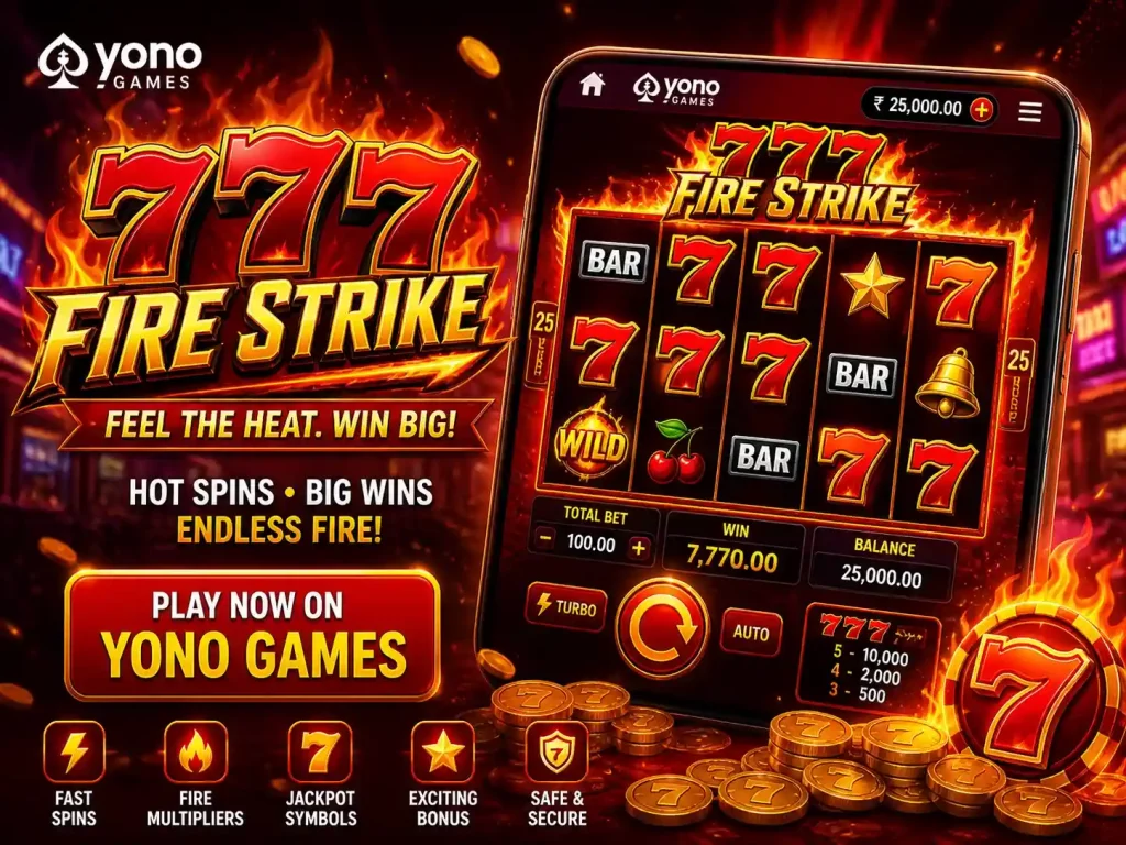 777 Fire Strike slot game scene on Yono Games, fiery red and orange theme with glowing 777 symbols, burning reels and multipliers on smartphone screen, gold coins and casino-style background, dynamic mobile gameplay, 4:3 image