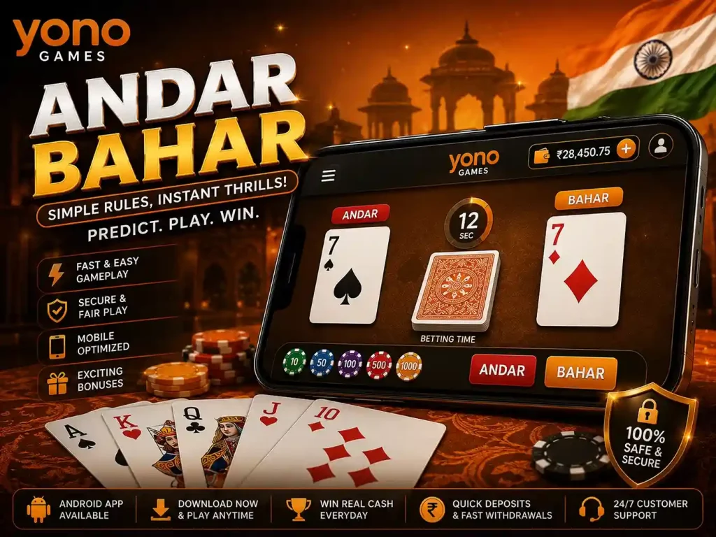 Andar Bahar online game artwork for Yono Games featuring orange casino theme, Indian card gameplay, smartphone interface, playing cards, poker chips, and mobile gaming atmosphere in 4:3 format