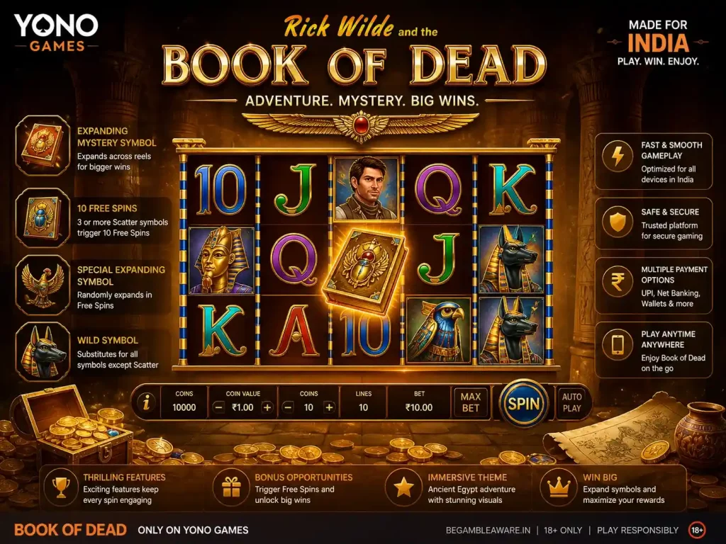 Book of Dead slot game scene for Yono Games India featuring ancient Egyptian theme, glowing reels, golden symbols, and mobile gameplay interface
