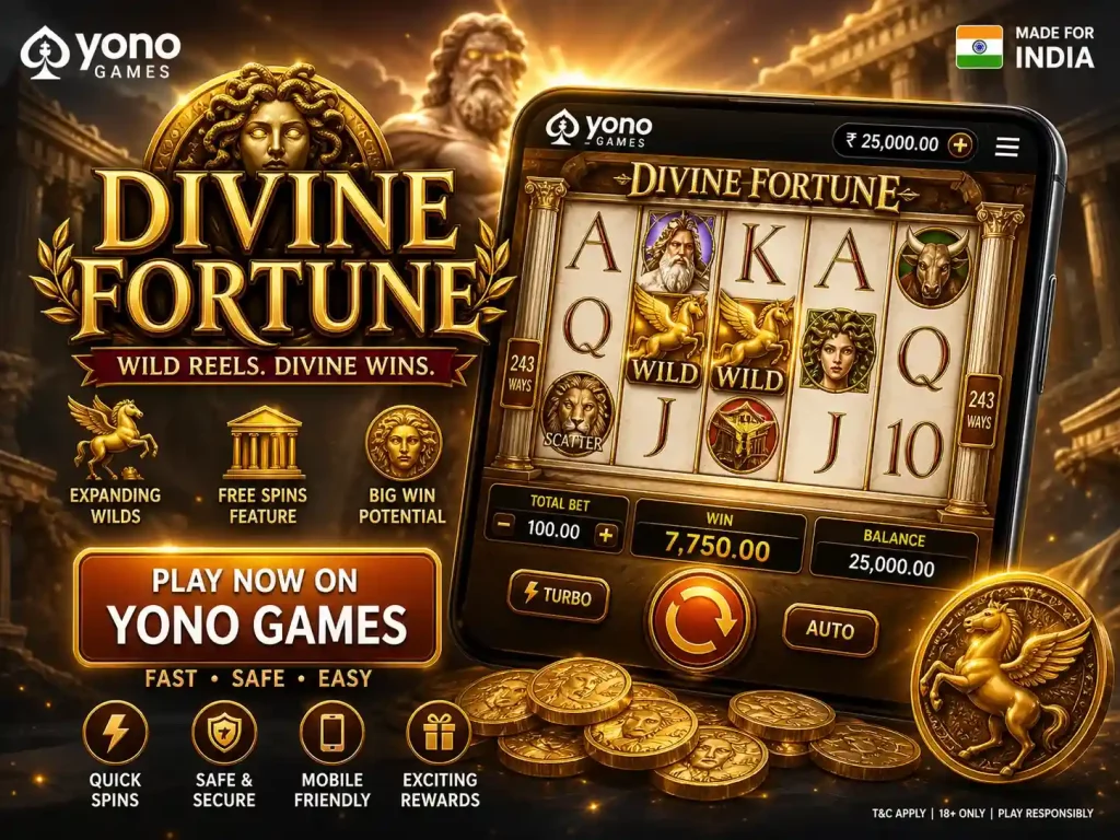 Divine Fortune slot game scene on Yono Games, golden mythological theme with Greek gods, marble temples and glowing reels on smartphone, rich gold coins and expanding wild symbols, dynamic mobile gameplay, 4:3 image