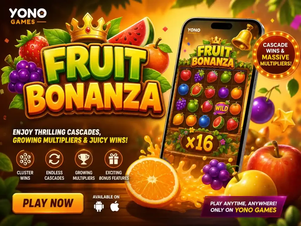 Fruit Bonanza slot game scene on Yono Games, vibrant orange tropical theme with juicy fruits, cascading reels and multipliers on smartphone screen, colorful symbols and splash effects, dynamic mobile gameplay, 4:3 image