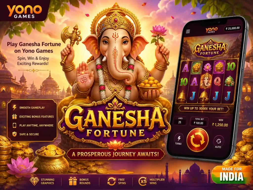Ganesha Fortune slot game scene for Yono Games India featuring Lord Ganesha, golden coins, lotus flowers, temple background, and mobile slot interface with vibrant colors