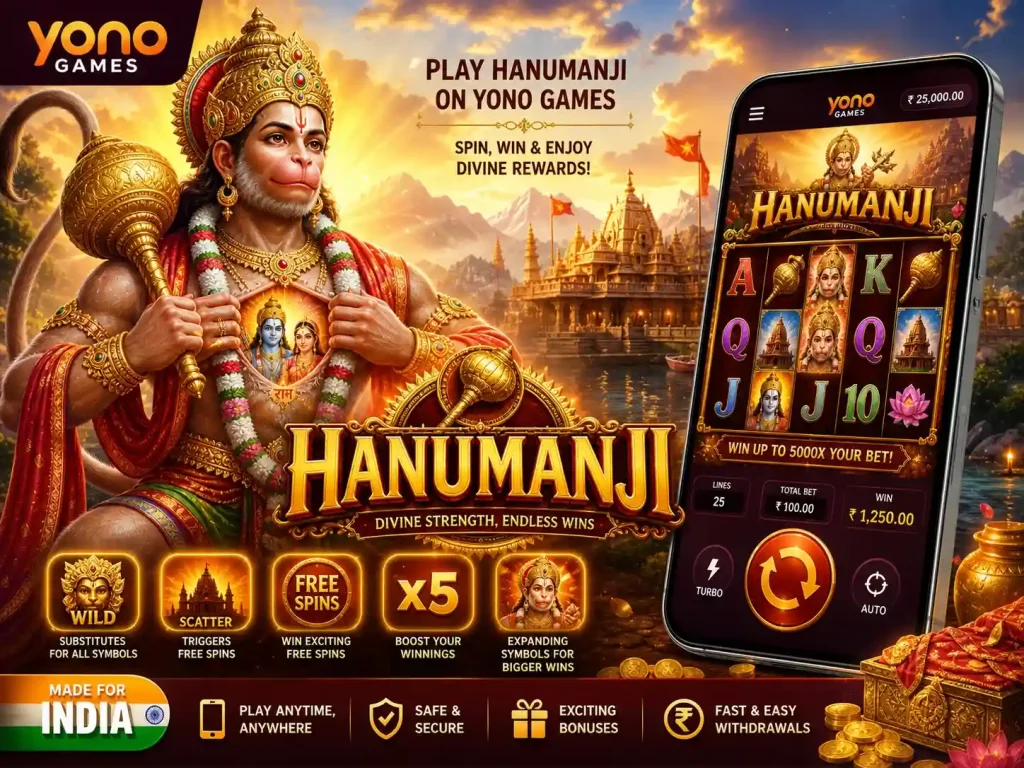 Hanumanji slot game scene for Yono Games India featuring Lord Hanuman, golden mace, temple setting, glowing coins, and vibrant mobile slot interface