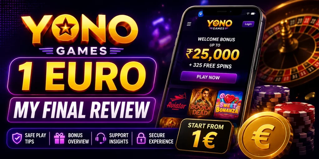 Yono Games 1 Euro review banner with neon casino design, smartphone, gold coins, playing cards and bright expert review text.
