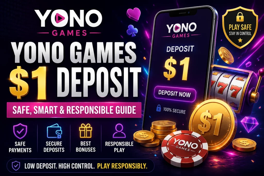 Yono Games $1 Deposit safe and responsible guide banner with secure payment icons, smartphone, casino chips, and neon gaming visuals