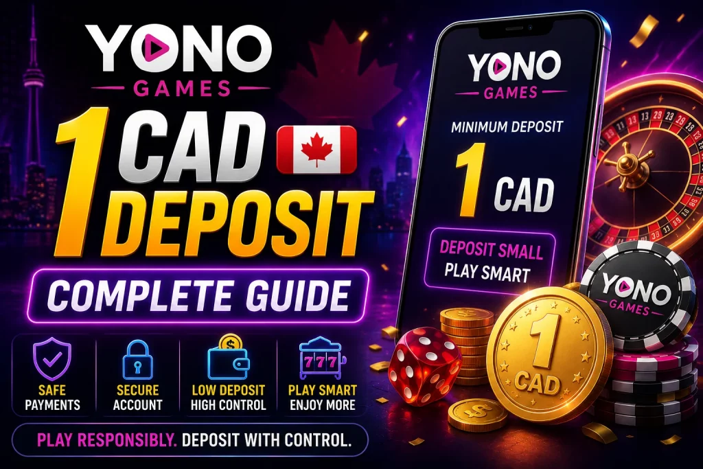Yono Games 1 CAD Deposit complete guide banner with secure payment icons, Canadian dollar coin, smartphone, casino chips, and responsible play message