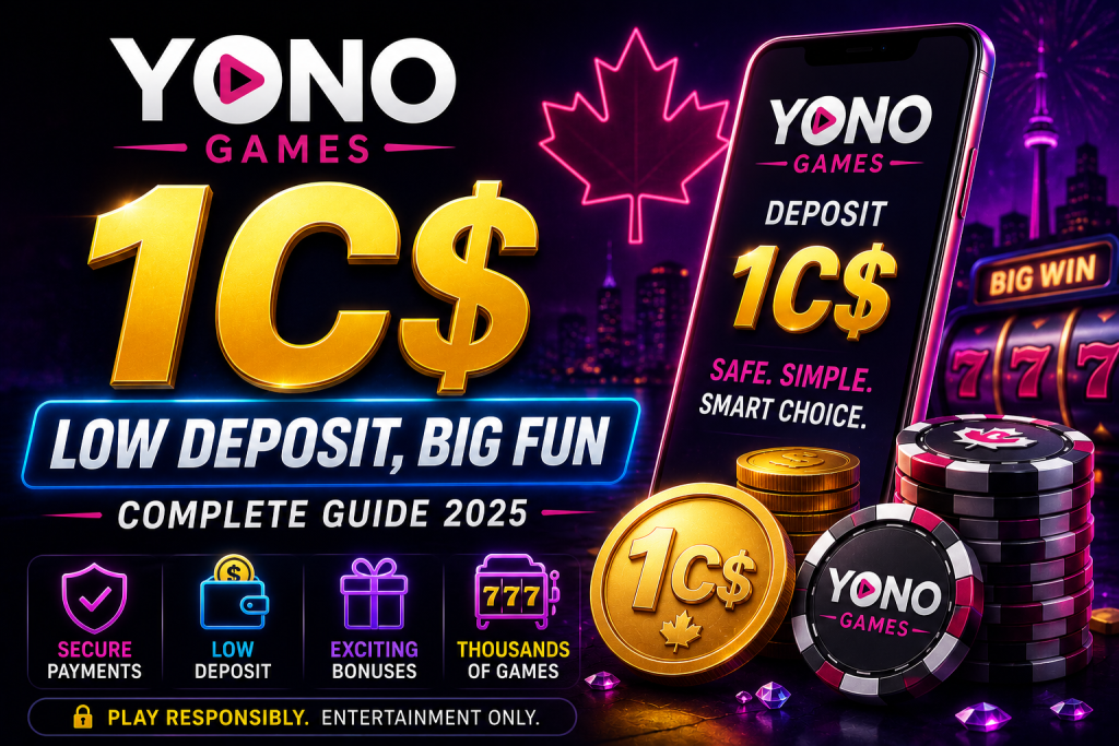 Yono Games 1C$ deposit complete guide banner with neon casino design, smartphone, secure payment icons, chips, coins, and responsible play message